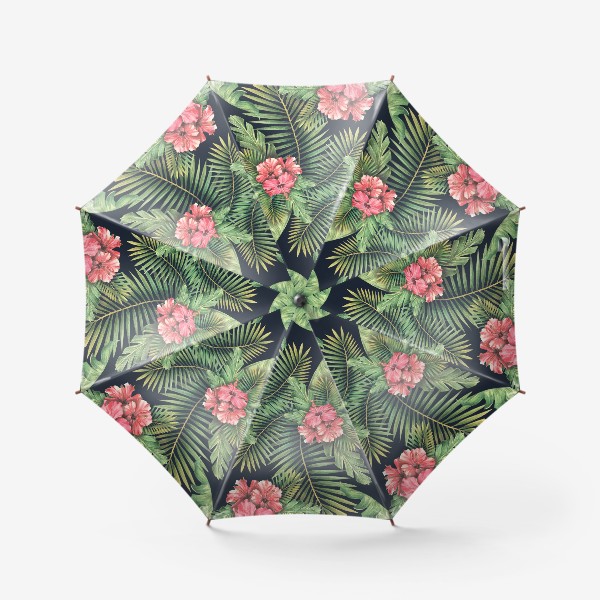 Зонт &laquo;Тропические листья, пальмовые с цветами гибискуса. Тропический паттерн, акварельный.&raquo;