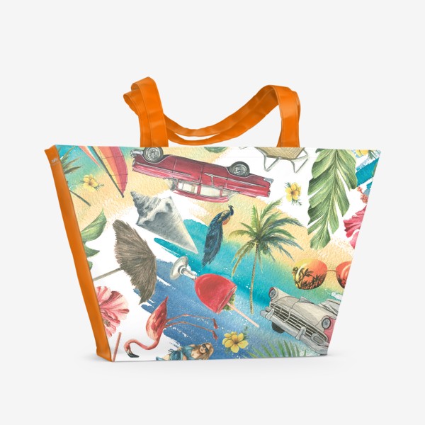 Пляжная сумка «Кубинский паттерн, акварельный. Путешествия, ретро автомобили.»