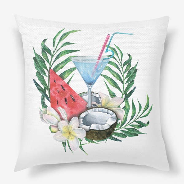 Подушка «Пляжный коктейль с тропическими фруктами, листьями и цветами. Акварель.»