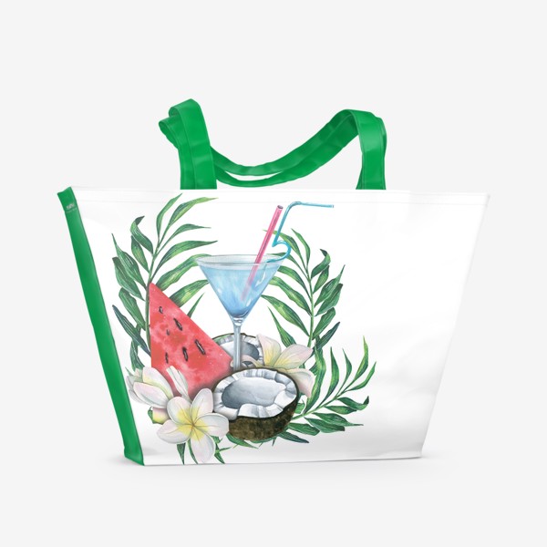Пляжная сумка &laquo;Пляжный коктейль с тропическими фруктами, листьями и цветами. Акварель.&raquo;