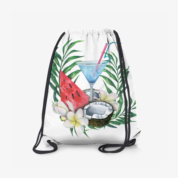 Рюкзак &laquo;Пляжный коктейль с тропическими фруктами, листьями и цветами. Акварель.&raquo;