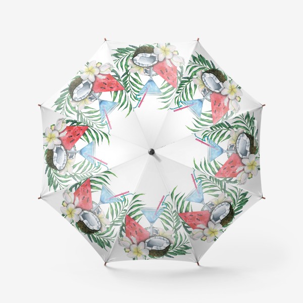 Зонт «Пляжный коктейль с тропическими фруктами, листьями и цветами. Акварель.»