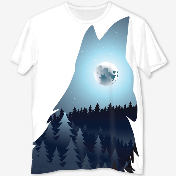 Футболка с полной запечаткой «Воющий волк и полная луна над лесом»
