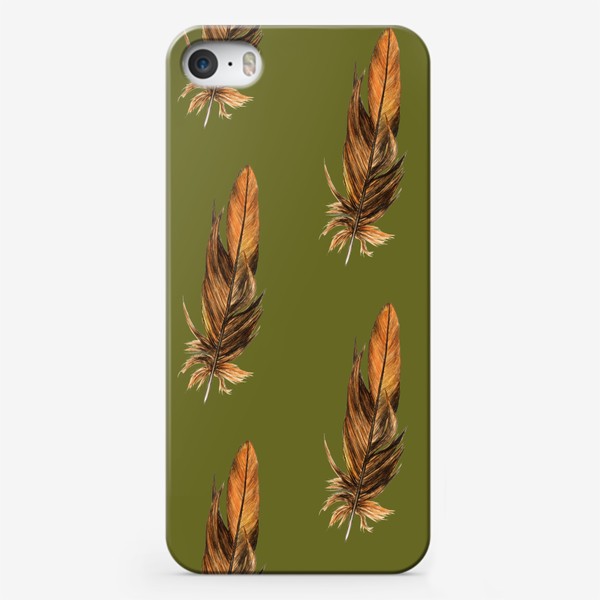 Чехол iPhone «Акварельные перья на оливковом, анималистичный принт»