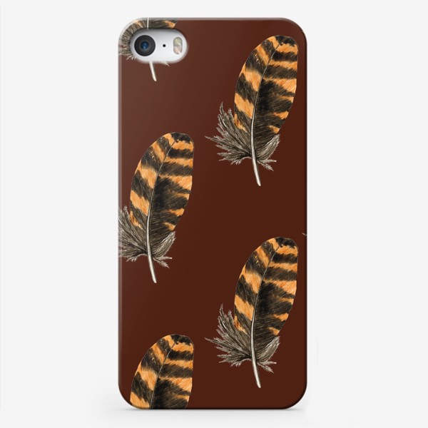 Чехол iPhone «Полосатое коричневое перо, паттерн акварельный»