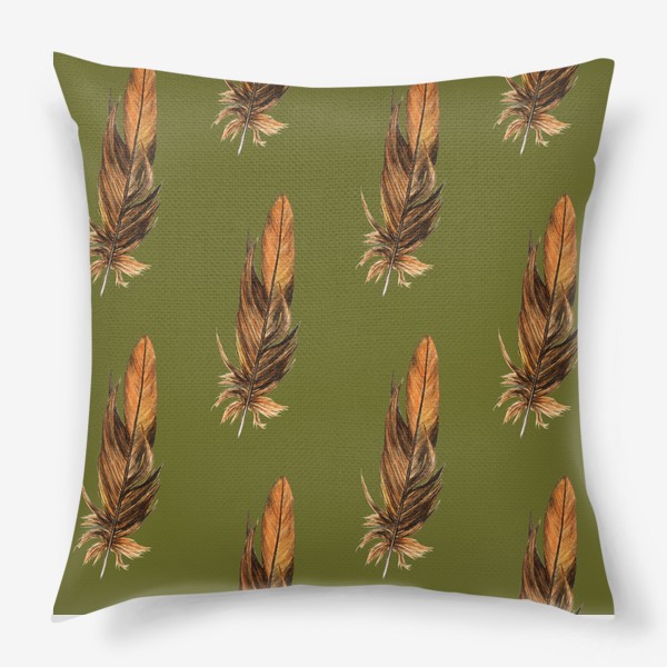 Подушка «Акварельные перья на оливковом, анималистичный принт»