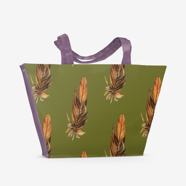 Пляжная сумка &laquo;Акварельные перья на оливковом, анималистичный принт&raquo;