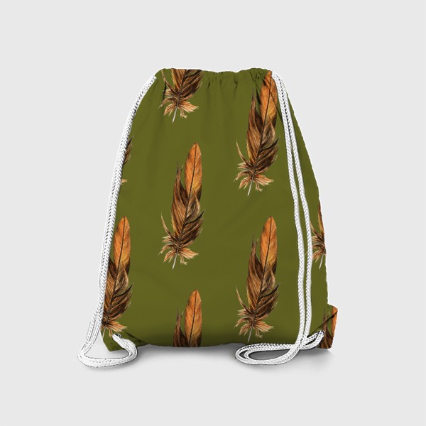 Рюкзак «Акварельные перья на оливковом, анималистичный принт»
