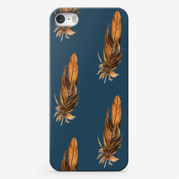 Чехол iPhone «Акварельные перья на синем, стильный паттерн»
