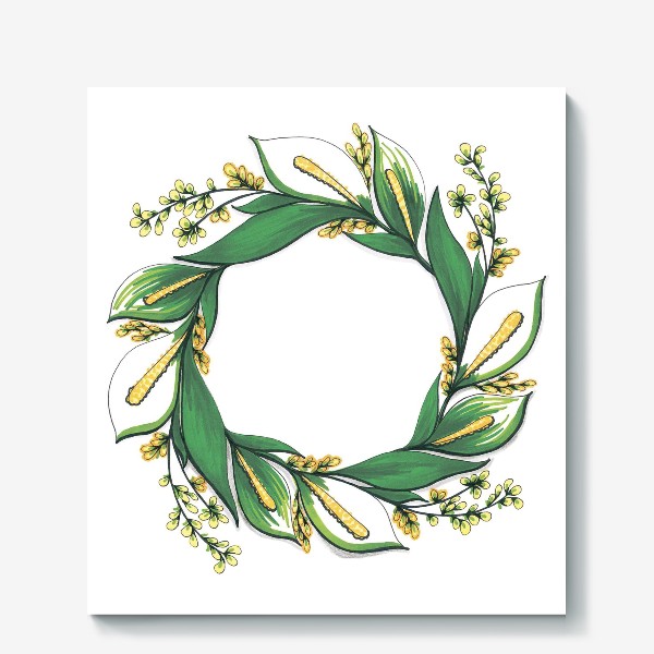 Холст «Fresh spring wreath of flowers and fluffy willow - Свежий весенний венок из цветов и пушистой ивы»