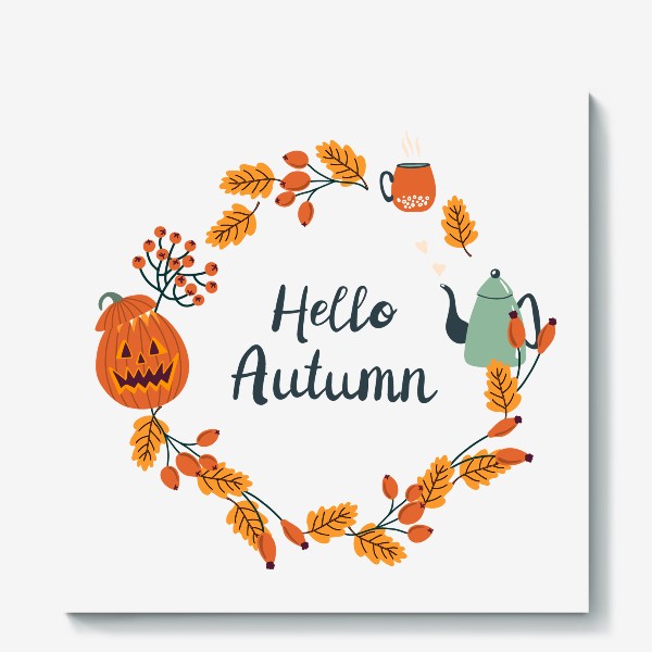 Холст &laquo;Осенний венок с надписью Hello Autumn. Привет осень&raquo;