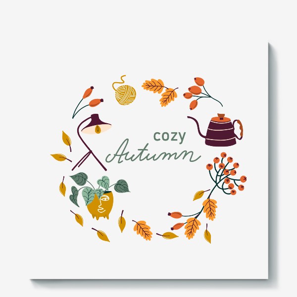 Холст «Осенний венок с надписью Cozy Autumn»
