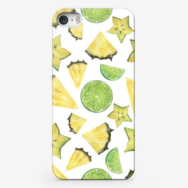 Чехол iPhone «Тропические фрукты, кусочки. Лайм, ананас, карамбола. Акварельный паттерн.»