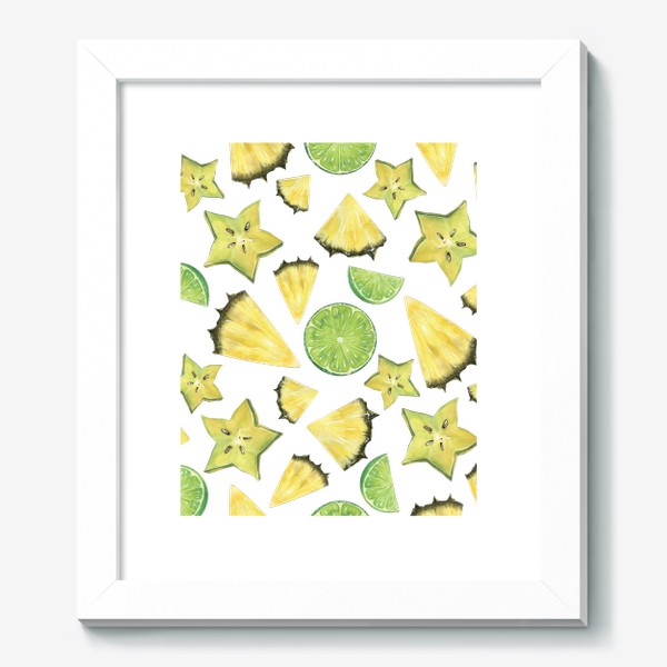 Картина «Тропические фрукты, кусочки. Лайм, ананас, карамбола. Акварельный паттерн.»