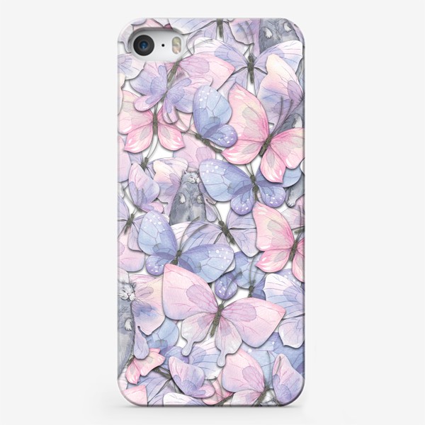 Чехол iPhone &laquo;Нежные розовые и сиреневые бабочки. Акварельный паттерн.&raquo;