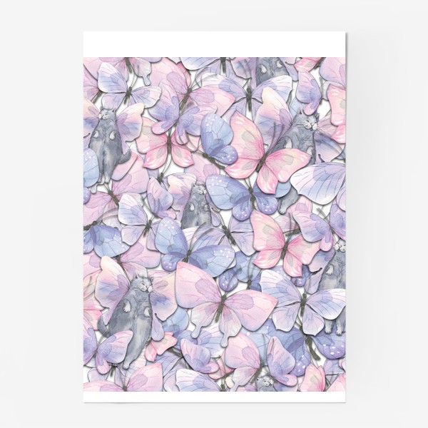 Постер «Нежные розовые и сиреневые бабочки. Акварельный паттерн.»
