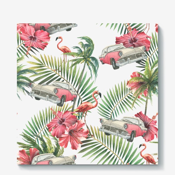 Холст «Куба. Тропические листья, розовый фламинго, ретро машина, цветы гибискуса. Акварельный паттерн. Пляжный, летний.»