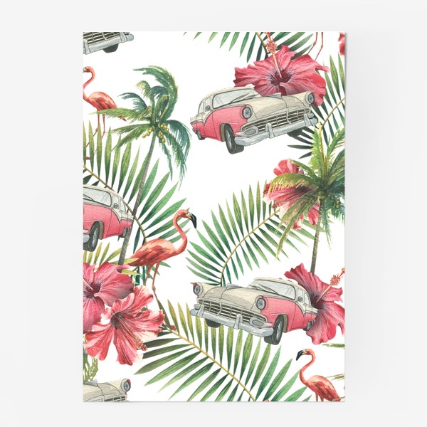 Постер «Куба. Тропические листья, розовый фламинго, ретро машина, цветы гибискуса. Акварельный паттерн. Пляжный, летний.»