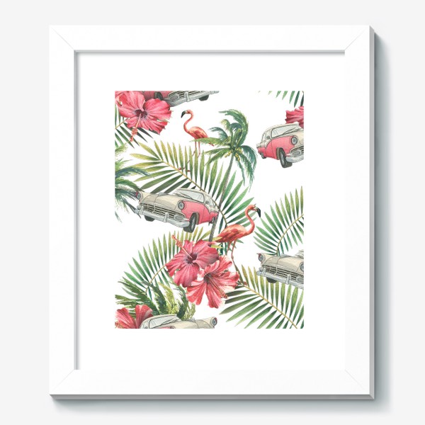 Картина «Куба. Тропические листья, розовый фламинго, ретро машина, цветы гибискуса. Акварельный паттерн. Пляжный, летний.»