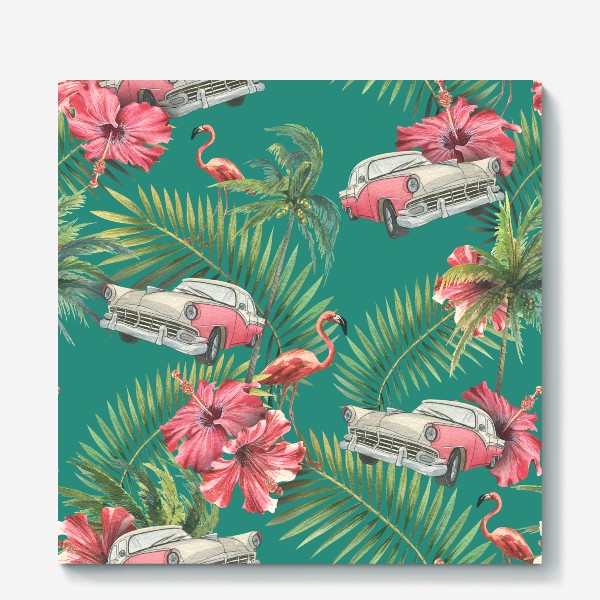 Холст «Куба. Ретро машина, розовый фламинго, тропические листья и цветы гибискуса. Акварельный паттерн. Пляжный, летний.»