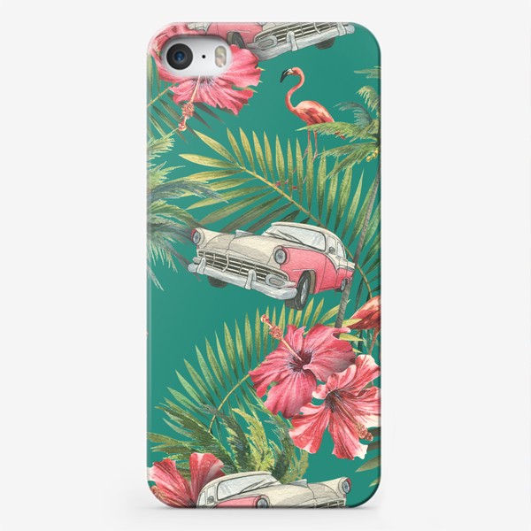 Чехол iPhone «Куба. Ретро машина, розовый фламинго, тропические листья и цветы гибискуса. Акварельный паттерн. Пляжный, летний.»