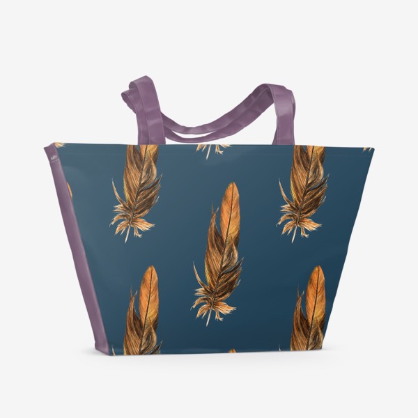 Пляжная сумка «Акварельные перья на синем, стильный паттерн»