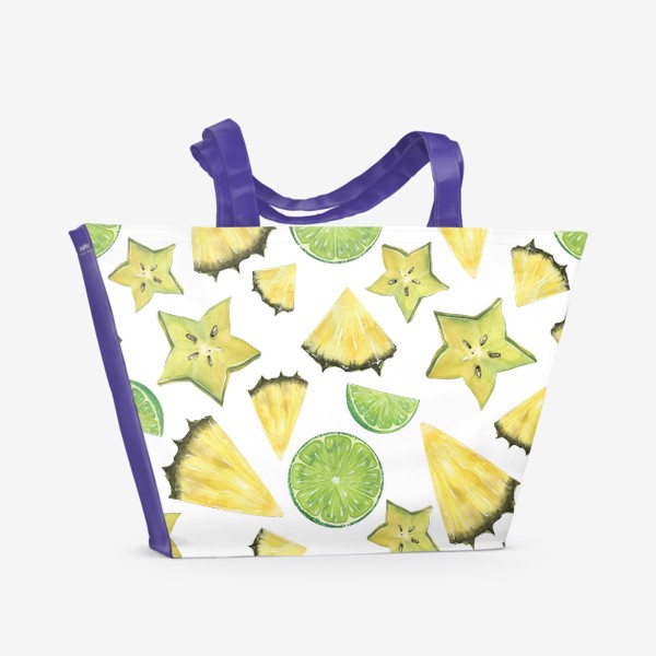 Пляжная сумка &laquo;Тропические фрукты, кусочки. Лайм, ананас, карамбола. Акварельный паттерн.&raquo;