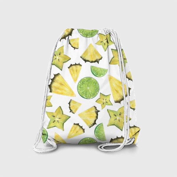 Рюкзак «Тропические фрукты, кусочки. Лайм, ананас, карамбола. Акварельный паттерн.»