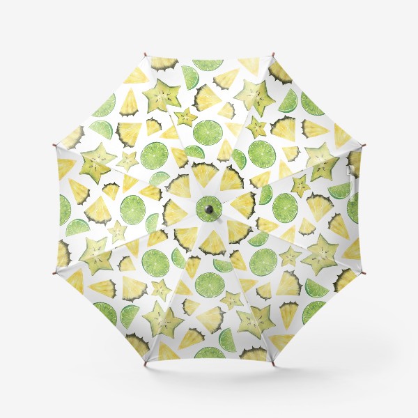 Зонт &laquo;Тропические фрукты, кусочки. Лайм, ананас, карамбола. Акварельный паттерн.&raquo;