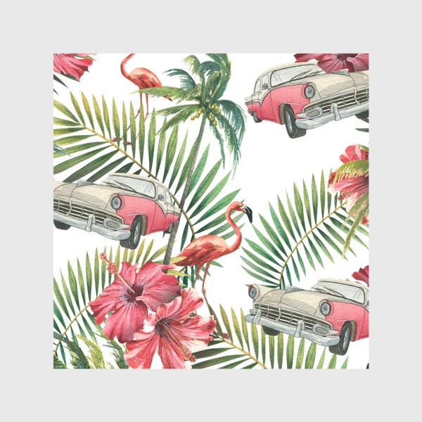 Шторы «Куба. Тропические листья, розовый фламинго, ретро машина, цветы гибискуса. Акварельный паттерн. Пляжный, летний.»