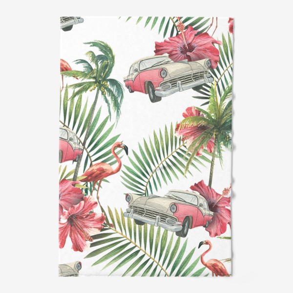 Полотенце &laquo;Куба. Тропические листья, розовый фламинго, ретро машина, цветы гибискуса. Акварельный паттерн. Пляжный, летний.&raquo;