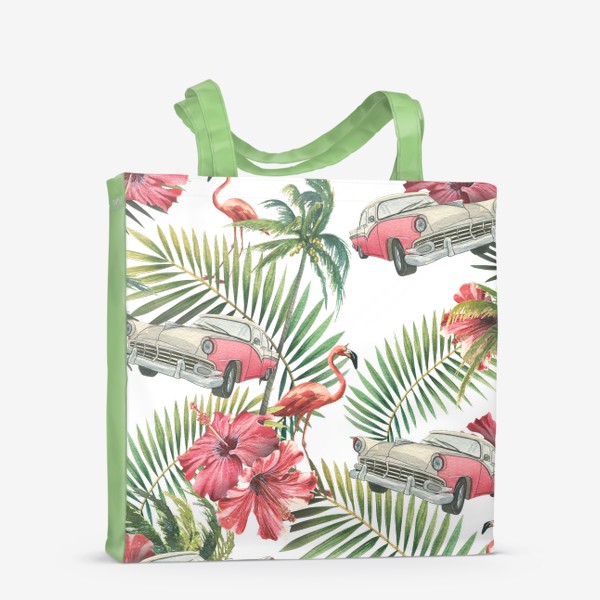 Сумка-шоппер &laquo;Куба. Тропические листья, розовый фламинго, ретро машина, цветы гибискуса. Акварельный паттерн. Пляжный, летний.&raquo;