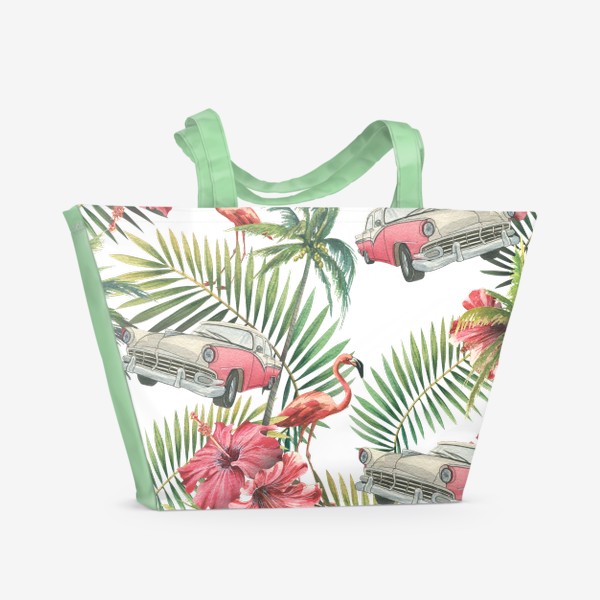 Пляжная сумка &laquo;Куба. Тропические листья, розовый фламинго, ретро машина, цветы гибискуса. Акварельный паттерн. Пляжный, летний.&raquo;