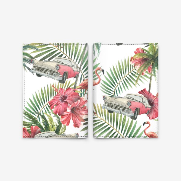 Обложка для паспорта &laquo;Куба. Тропические листья, розовый фламинго, ретро машина, цветы гибискуса. Акварельный паттерн. Пляжный, летний.&raquo;