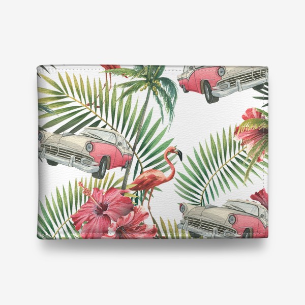 Кошелек «Куба. Тропические листья, розовый фламинго, ретро машина, цветы гибискуса. Акварельный паттерн. Пляжный, летний.»
