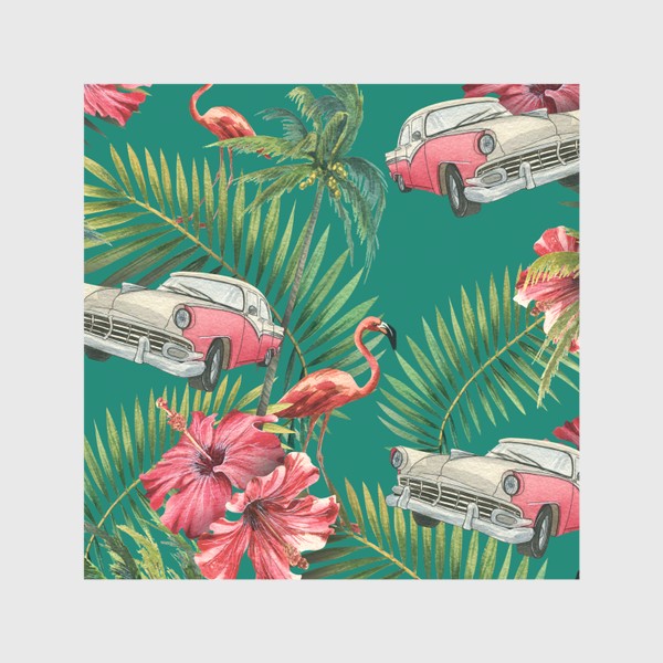 Шторы «Куба. Ретро машина, розовый фламинго, тропические листья и цветы гибискуса. Акварельный паттерн. Пляжный, летний.»