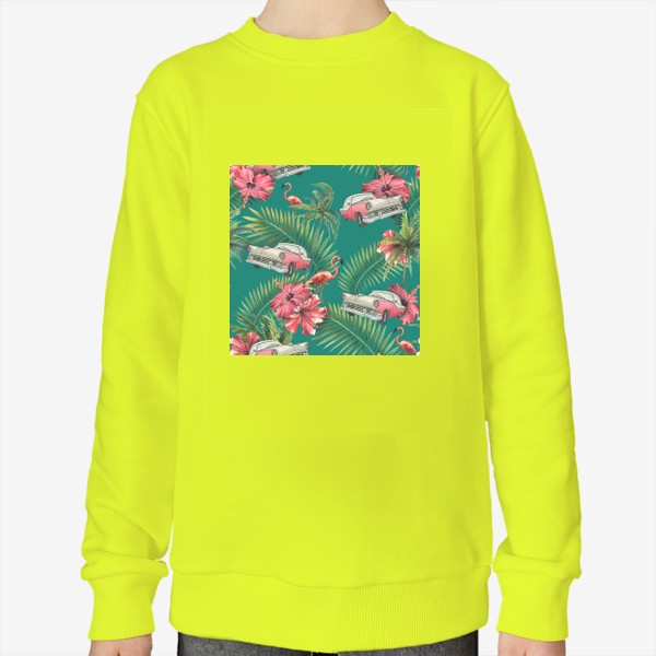 Свитшот «Куба. Ретро машина, розовый фламинго, тропические листья и цветы гибискуса. Акварельный паттерн. Пляжный, летний.»