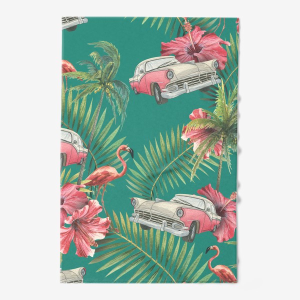 Полотенце «Куба. Ретро машина, розовый фламинго, тропические листья и цветы гибискуса. Акварельный паттерн. Пляжный, летний.»