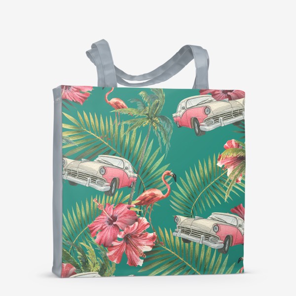 Сумка-шоппер «Куба. Ретро машина, розовый фламинго, тропические листья и цветы гибискуса. Акварельный паттерн. Пляжный, летний.»