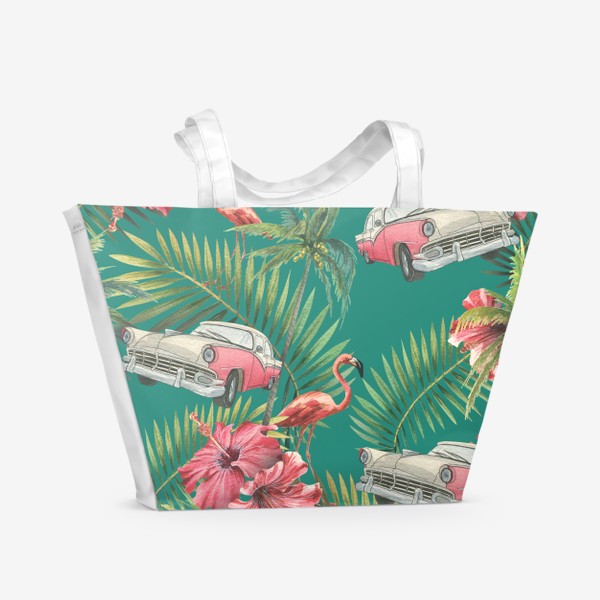 Пляжная сумка «Куба. Ретро машина, розовый фламинго, тропические листья и цветы гибискуса. Акварельный паттерн. Пляжный, летний.»