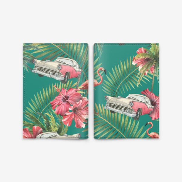 Обложка для паспорта &laquo;Куба. Ретро машина, розовый фламинго, тропические листья и цветы гибискуса. Акварельный паттерн. Пляжный, летний.&raquo;