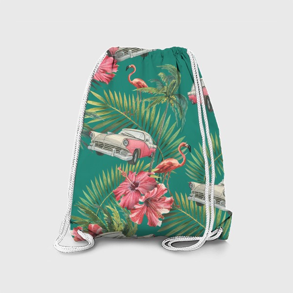 Рюкзак «Куба. Ретро машина, розовый фламинго, тропические листья и цветы гибискуса. Акварельный паттерн. Пляжный, летний.»