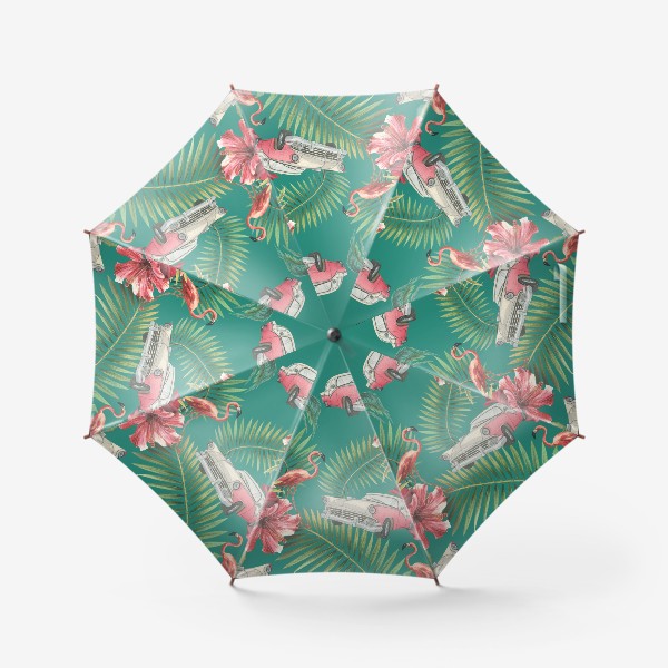 Зонт «Куба. Ретро машина, розовый фламинго, тропические листья и цветы гибискуса. Акварельный паттерн. Пляжный, летний.»