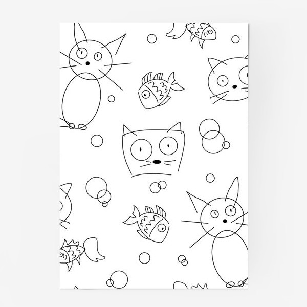 Постер «Смешные коты и рыбки (кот, котэ, котик, смешной кот, чб, черно-белое)»