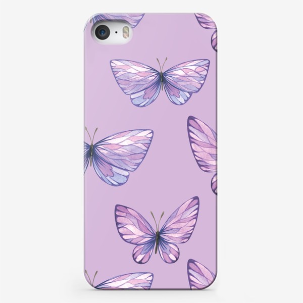 Чехол iPhone «Фиолетовые, сиреневые бабочки. Акварельный паттерн.»