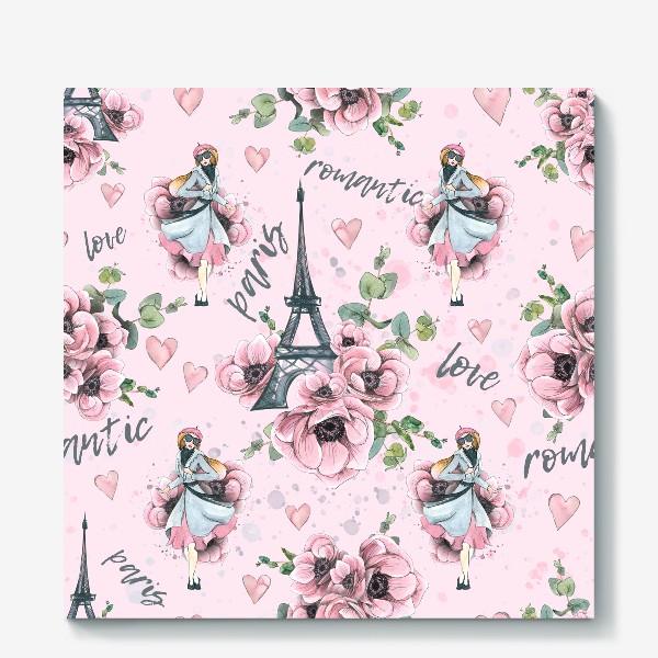 Холст «Эйфелева башня, цветы анемоны, парижанка, Париж. Акварельный паттерн.»