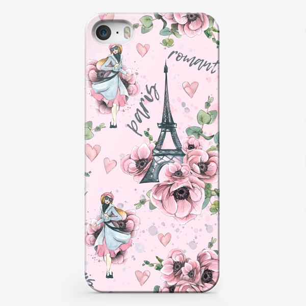 Чехол iPhone «Эйфелева башня, цветы анемоны, парижанка, Париж. Акварельный паттерн.»