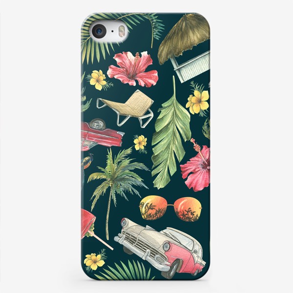 Чехол iPhone &laquo;Куба. Тропический, южный паттерн. Ретро машины, пальмы, пляжный отдых. Акварельный.&raquo;