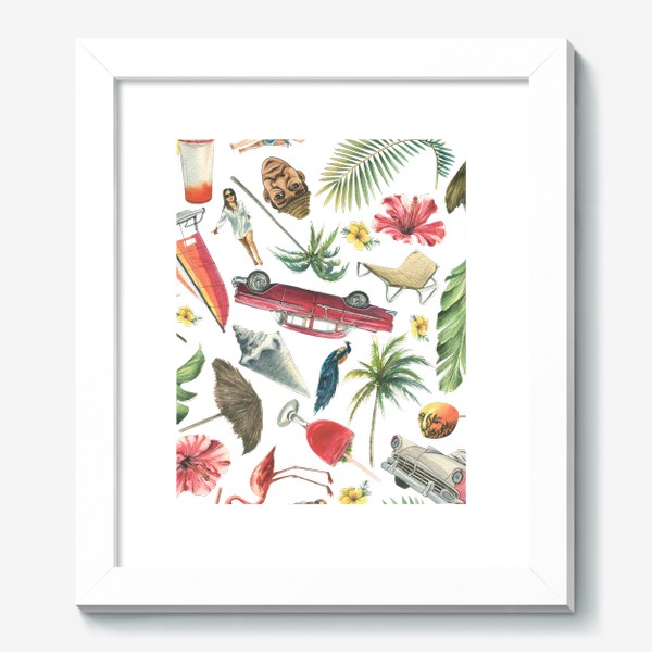 Картина «Куба, пляжный отдых, тропический паттерн. Ретро машины, пальмы, розовый фламинго. Акварельный.»
