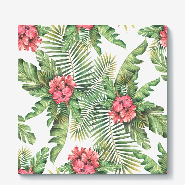 Холст «Тропические пальмовые листья и цветы гибискуса. Акварельный паттерн»